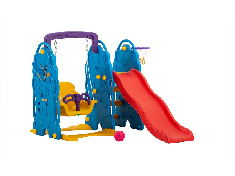 Classical plastic baby elephant slide swing combination with basketball stand