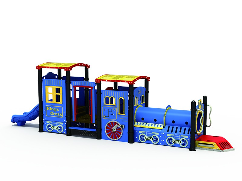 HDPE Cartoon train playhouse with climber and slide, role play in a train while kids plays inside the playhouse