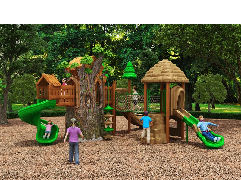 FRP Tree house with plastic durable kids slide equipment outdoor 