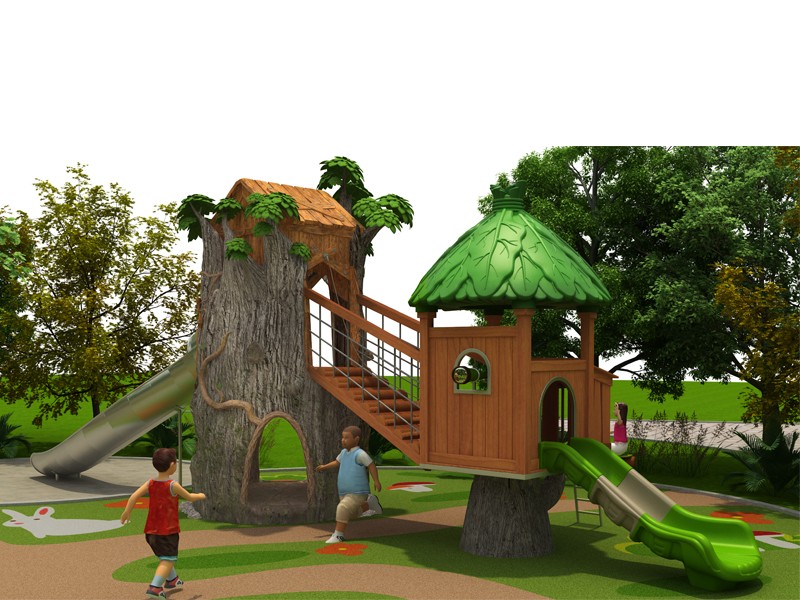 Awesome Stainless steel slide with wooden structure and FRP tree house for kids